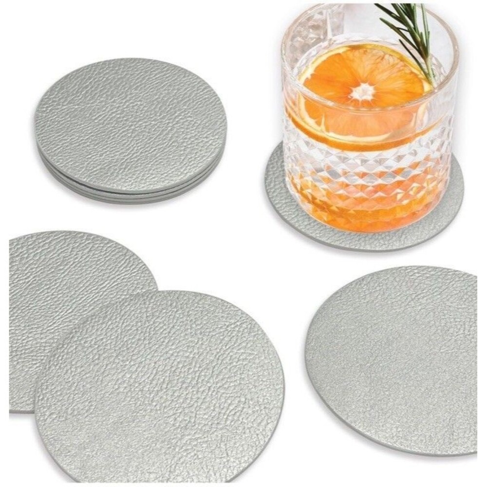Silver‎ Faux Leather coasters for drinks Set Of 8 Round Reversible Wipe Clean